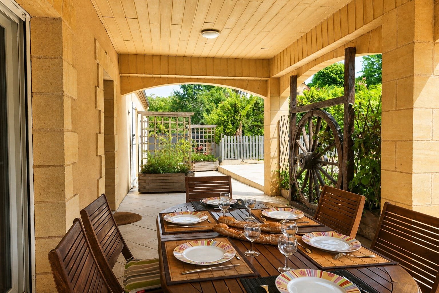 Outdoor dining on the covered terrace at Villa Christal